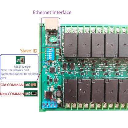 R4D5E32 32Ch DC 12V 24V 20A High Current Ethernet/RS485 Relay Module RJ45 Network Port TCP/IP Modbus RTU Board