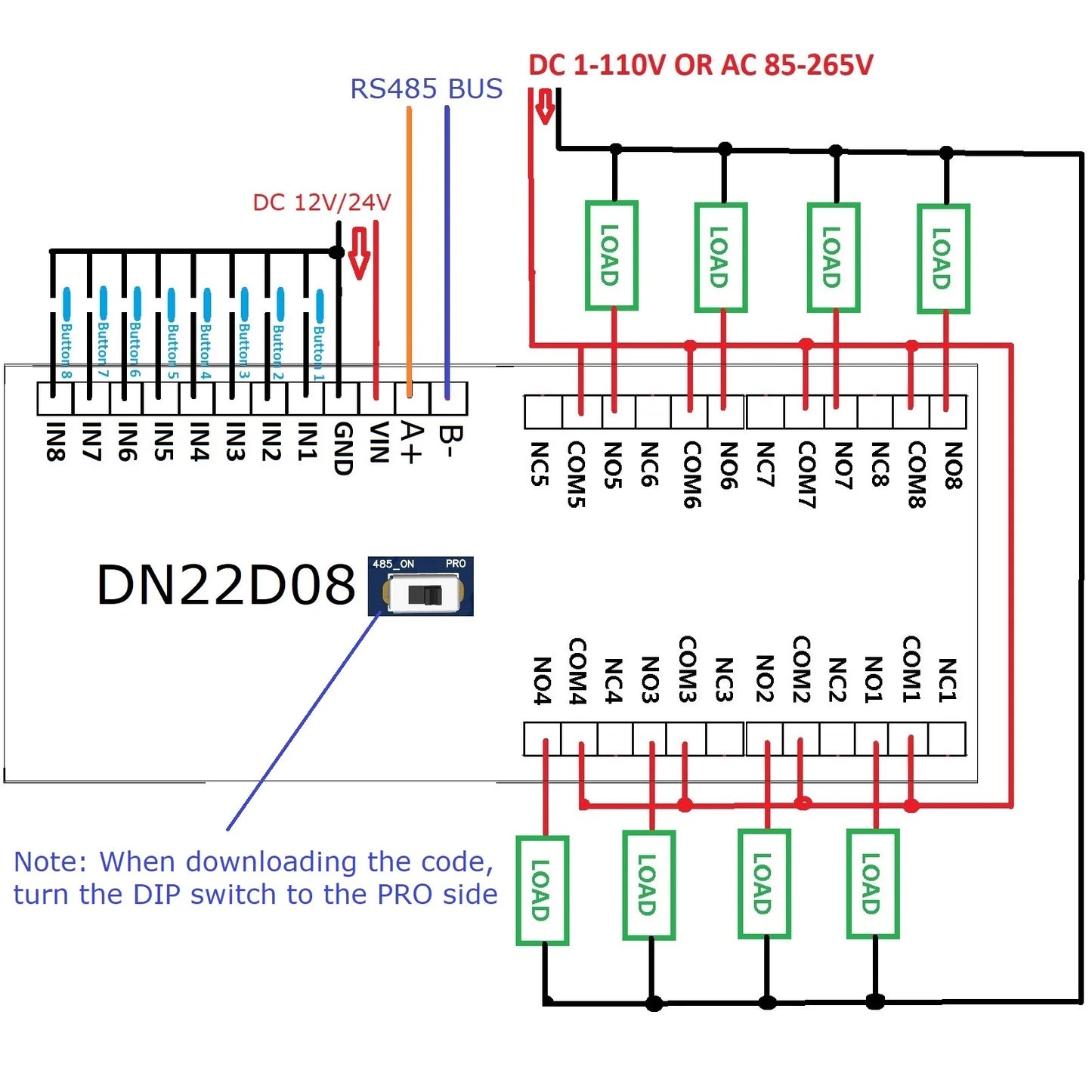 DN22D08 8CH DC 12V 24V Multifunction Delay Timer Switch Board RS485 PLC IO Expanding Module For Arduino NANO V3.0