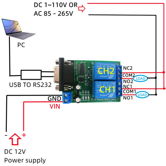 N228D02 DC 12V 24V 2CH DB9 UART Relay Module RS232 Serial Port Switch Board For PC PLC Motor LED PTZ