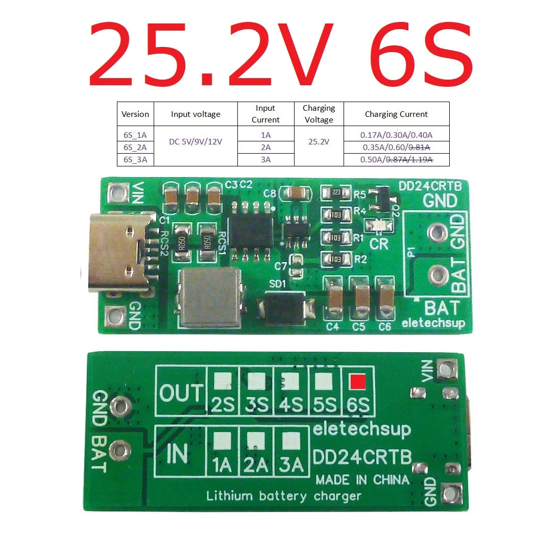 DD24CRTB 8.4V 12.6 16.8 21V 25.2V Step-up Boost Charger Module for 7.4V 11.1V 14.8V 18.5V 22.2V 18650 Battery Pack2-6S Type-c Multi-cell