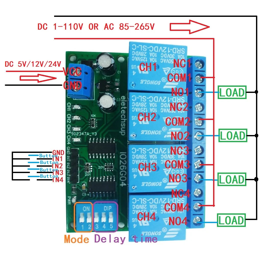 IO26G04 4ch Multifunction Delay Relay Module Flip-Flop Latch Bistable Self-locking Interlock Latch Power Conditioner Sequencer Board