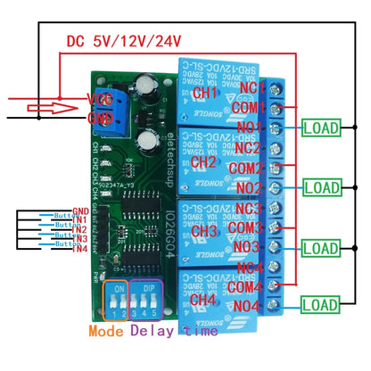 IO26G04 4ch Multifunction Delay Relay Module Flip-Flop Latch Bistable Self-locking Interlock Latch Power Conditioner Sequencer Board