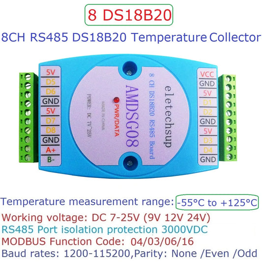 AMDSG08 8 DS18B20 temperature acquisition module / RS485 MODBUS RTU communication replace WP3066ADAM