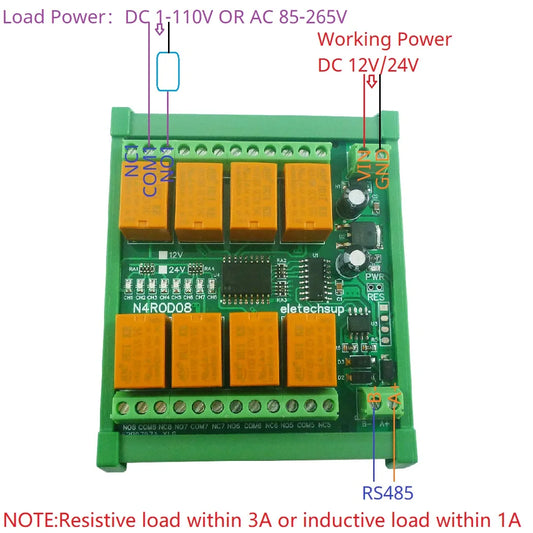 N4ROD08 DC 12V-24V 8 Channels Micro Size & Low Power Consumption RS485 RS422 Relay Board DIN C35 Rail Mount Box for PLC HMI