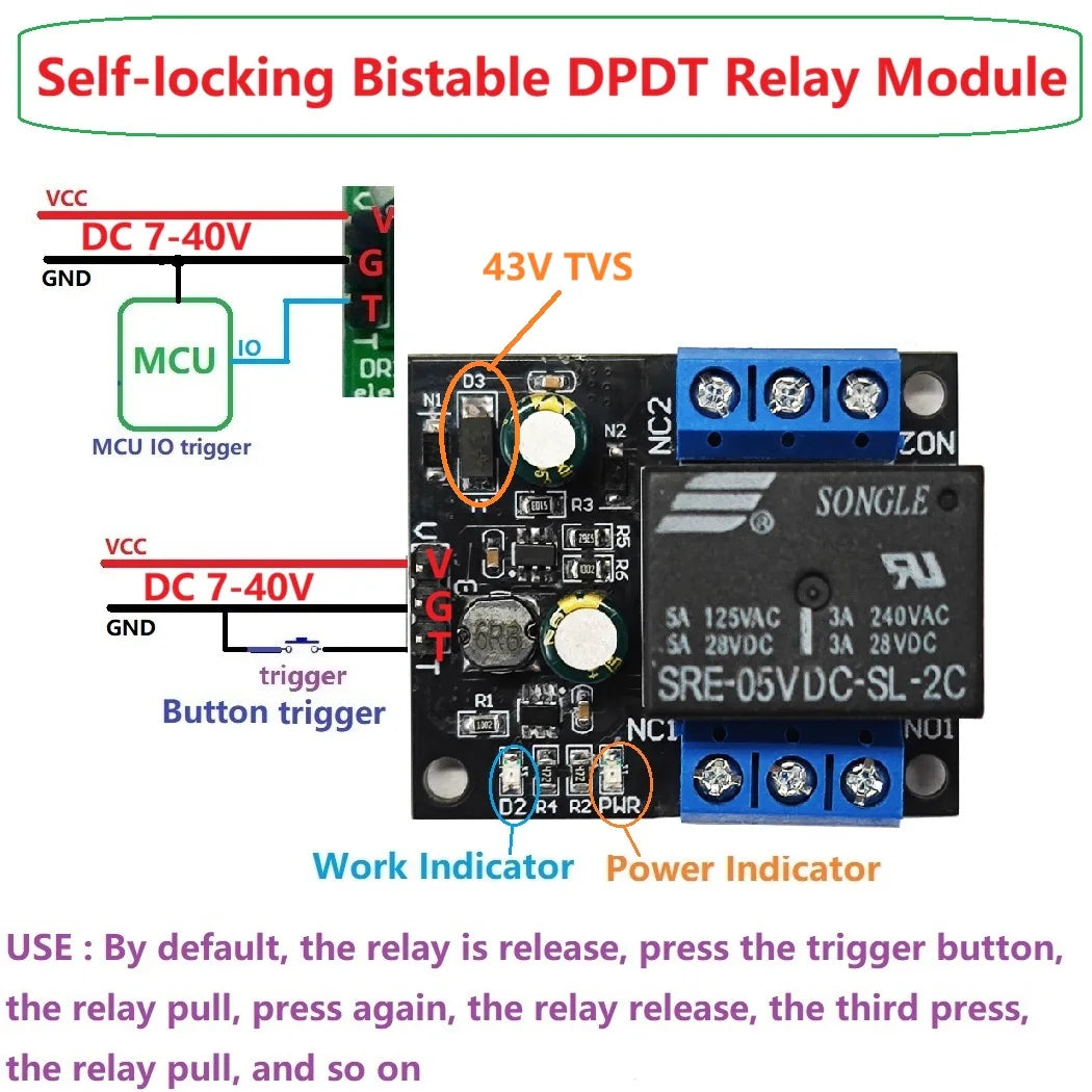 DR26F01  DC 9V 12V 24V 36V 5A Flip-Flop Self-locking DPDT Relay Module Bistable Double Swords and Double Throws Switch Board