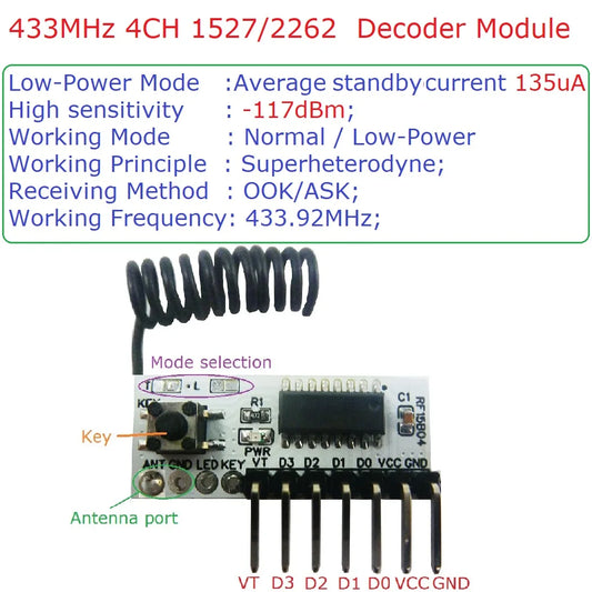 RF15B04 135uA Low-Power -117dBm High-sensitivity PT2262 EV1527 4 Button Fixed Code Decoding Module for Arduiuo  MEGA DUE Pro MCU ARM