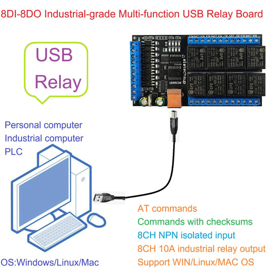 UD85C08 8DI-8DO Industrial-grade Multi-function USB Relay Board PC UART COM Switch Module With Input Indicator Light DC 12V 24V