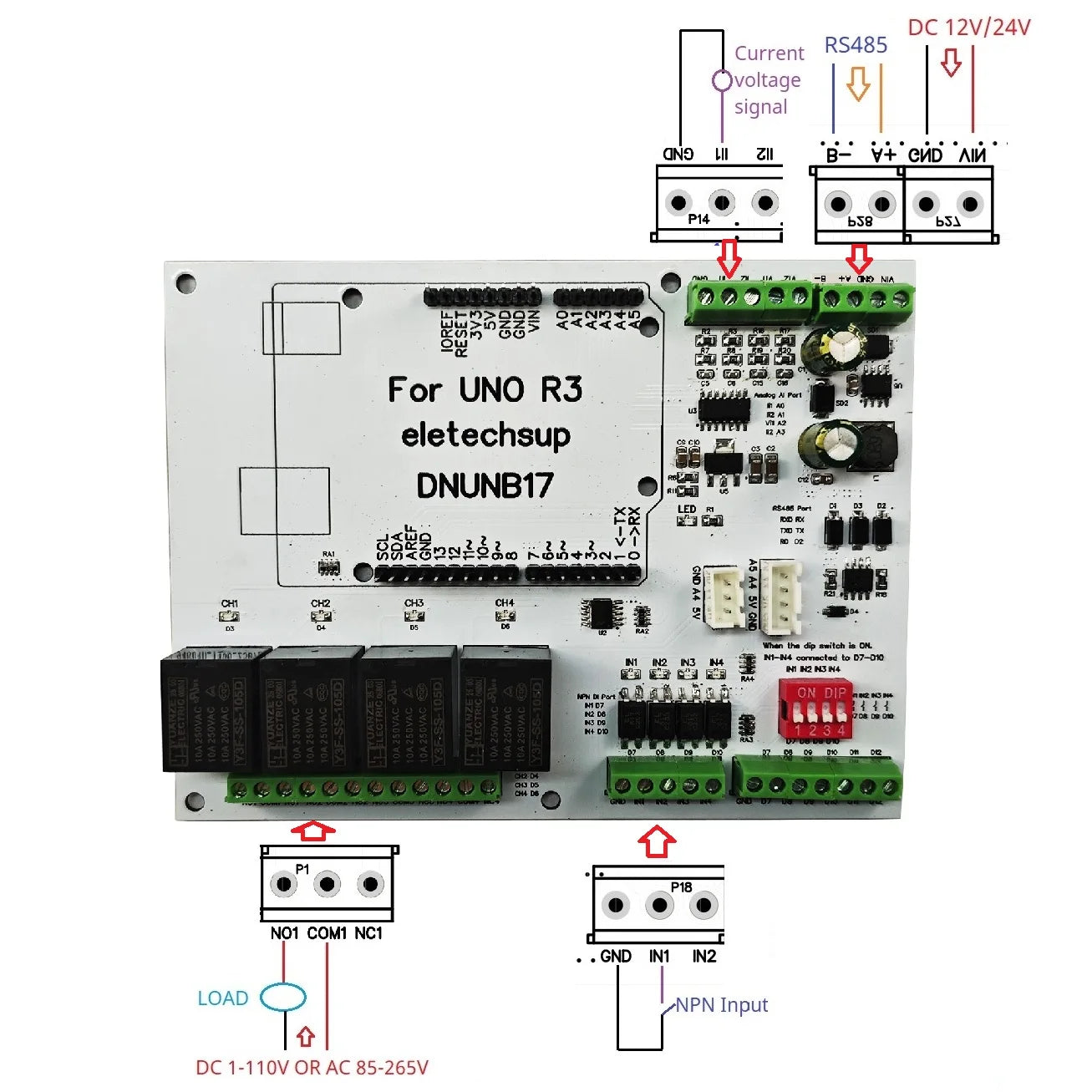DNUNB17 4DI-4DO-4AI Digital Analog AM2301/SHT20/SHT30/DS18B20 Temperature Humidity OPEN PLC Expansion Board for Arduino UNO R3