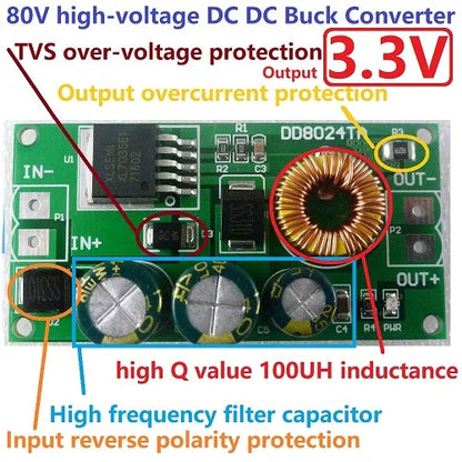 DD8024TA High-Voltage EBike DC-DC Converter Buck Step-Down Regulator Module 80V 72V 64V 60V 48V 36V 24V to 15V 12V 9V 6V 5V 3.3V