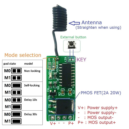 RFM1C01 Mini Wireless Remote Control Switch Board for Low Power Lithium Battery, 3.7V-14.8V 2A Module
