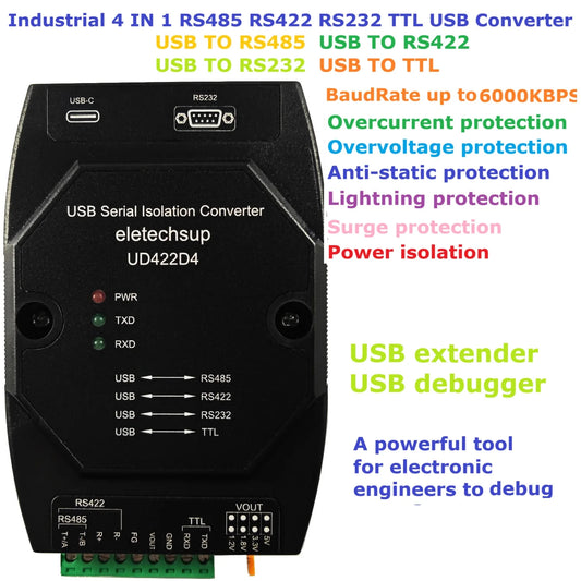 UD422D4 4 IN 1 Multifunctional USB Debugger RS485 RS422 RS232 TTL Extender High speed Isolation Anti-interference Lightning protection