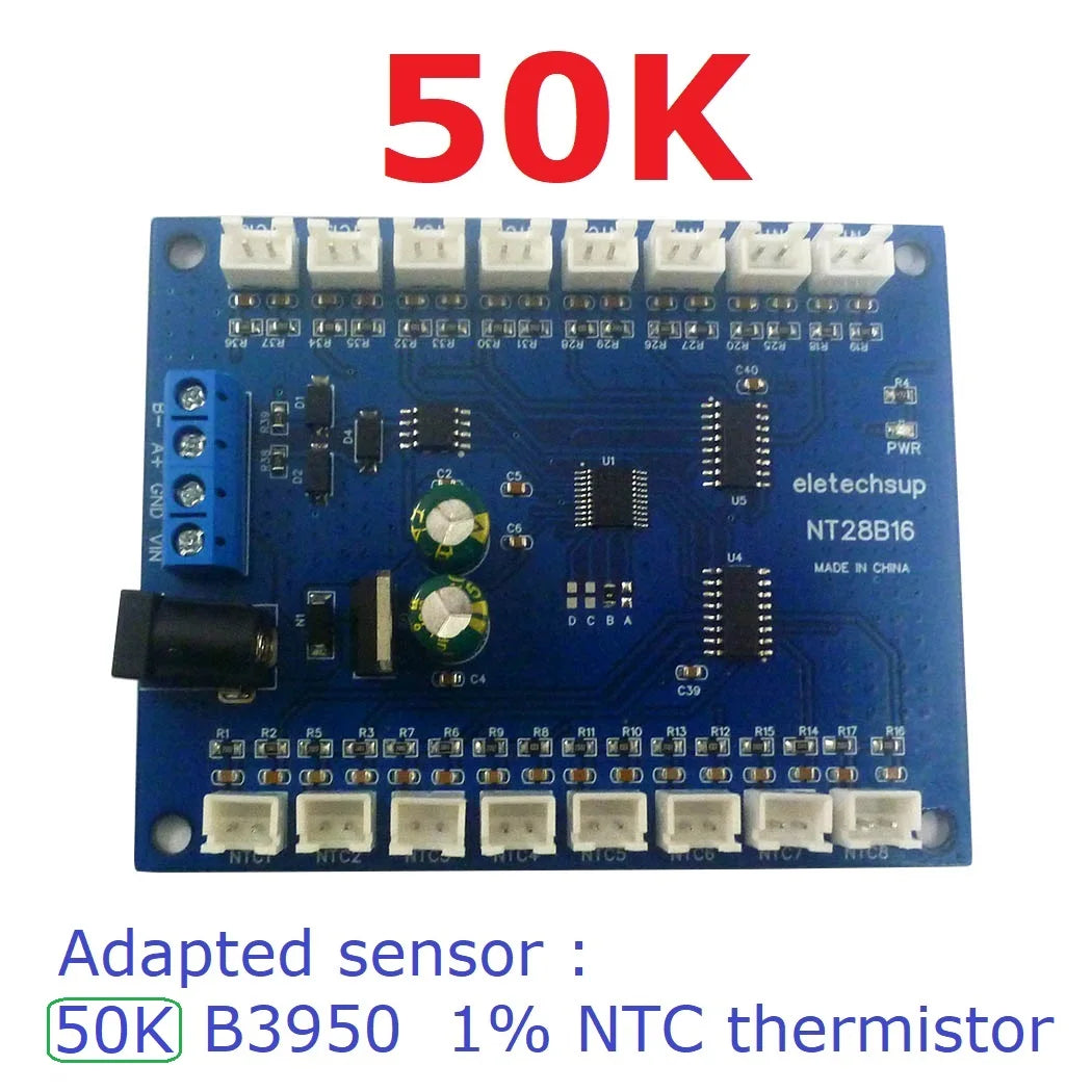 NT28B16 DC 12V 24V 16CH RS485 Temperature Collector Module Resistance measurement Multimeter 10K/20K/50K/100K B3950 NTC Sensor