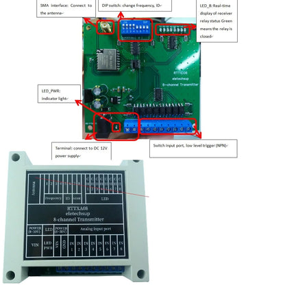 RTTXA08 RTRXB08 8CH 433M DC 12V Lora Bidirectional Remote IO Controller LED Feedback Indicator NPN In Relay Out Swicth Module Board