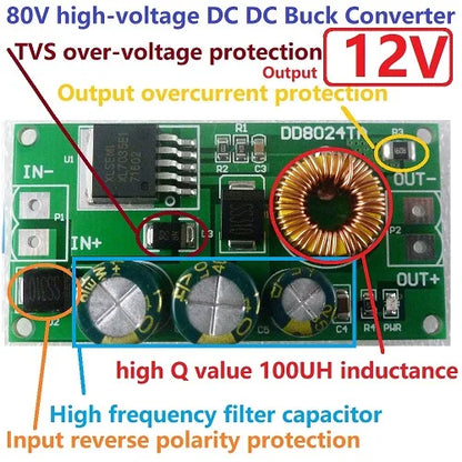 DD8024TA High-Voltage EBike DC-DC Converter Buck Step-Down Regulator Module 80V 72V 64V 60V 48V 36V 24V to 15V 12V 9V 6V 5V 3.3V