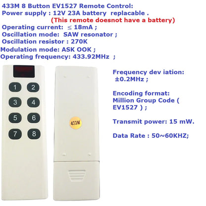 RF23G08 8Ch 433.92M EV1527 Learning Code OOK ASK RC Multi-function Remote Control Module DC 5V 12V 24V