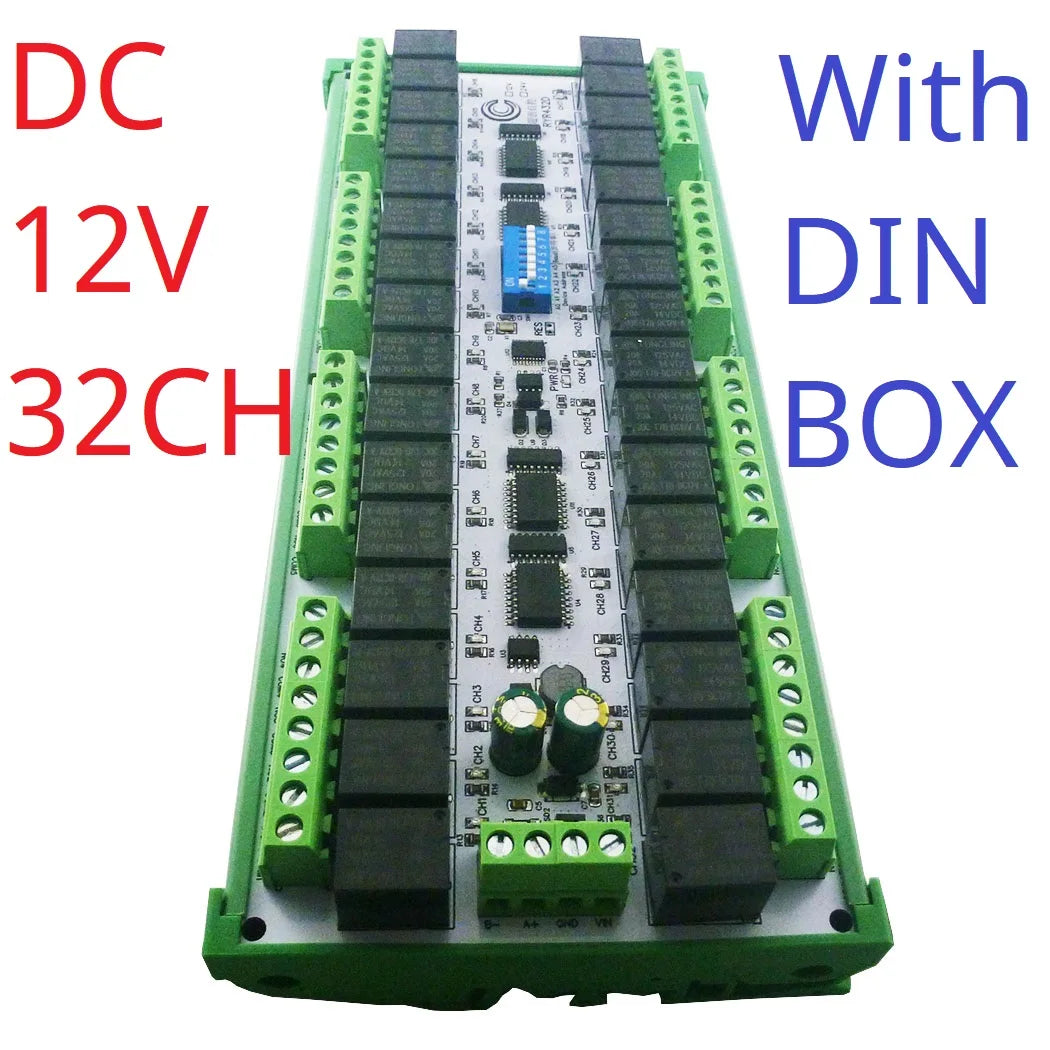 RYR432D Easy to Install DIN Rail Box DIP Switch Setup Parameters DC 12V 24V 20A 32CH Modbus RTU RS485 Relay Module RYR432D