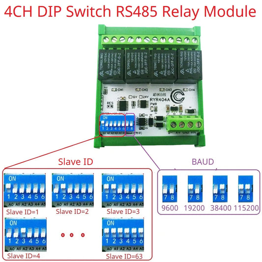 RYR404A 4CH DC 12V 24V Modbus RTU RS485 DO Relay Module DIP Switch Setting Parameters With DIN BOX